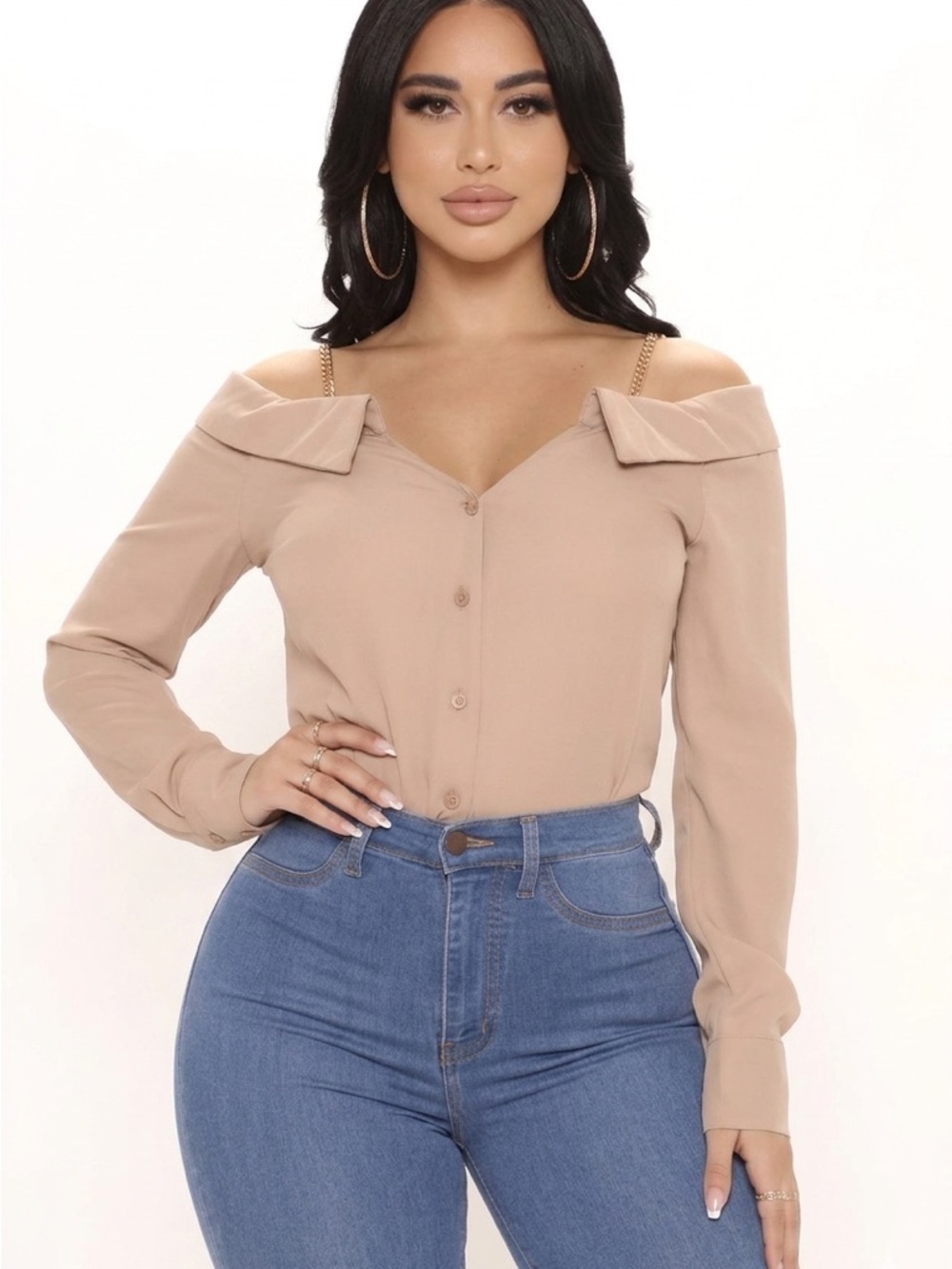 Fashion Nova Chain-Strap Off-Shoulder Blouse in Nude Beige